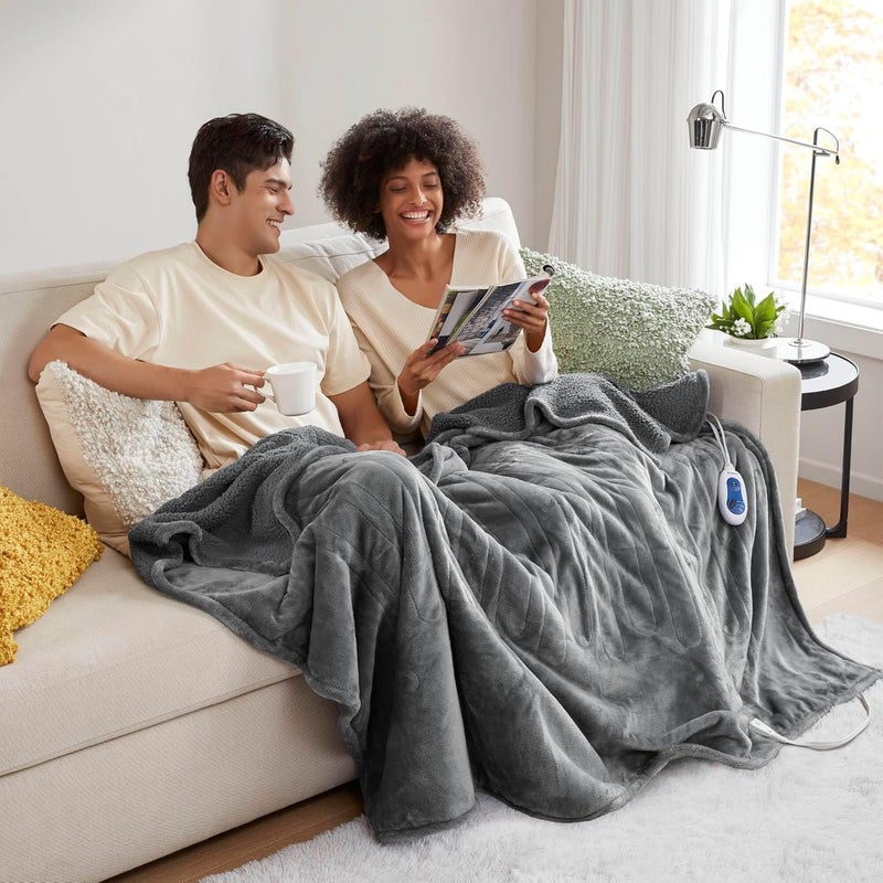 Beautyrest Heated Throw Blanket, Electric Throw, Soft, Warm, Reversible Plush - Sherpa, 3 Heat Settings, 2 hr Auto Shut Off, Machine Washable, 50 x 60 Grey - Image 4